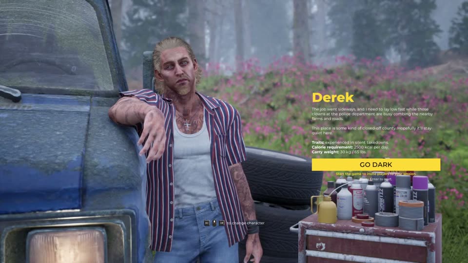 角色选择界面里的 Derek，每日 2500 kcal，负重 30 kg