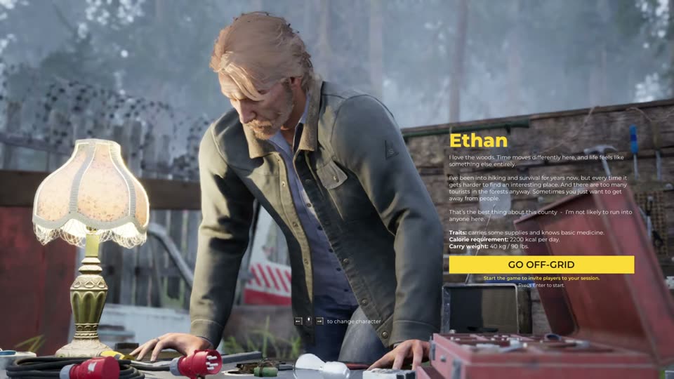 角色选择界面里的 Ethan，显示特质、每日 2200 kcal 和 40 kg 负重
