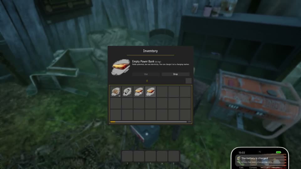 Orange generator at the camp with an empty power bank in the inventory