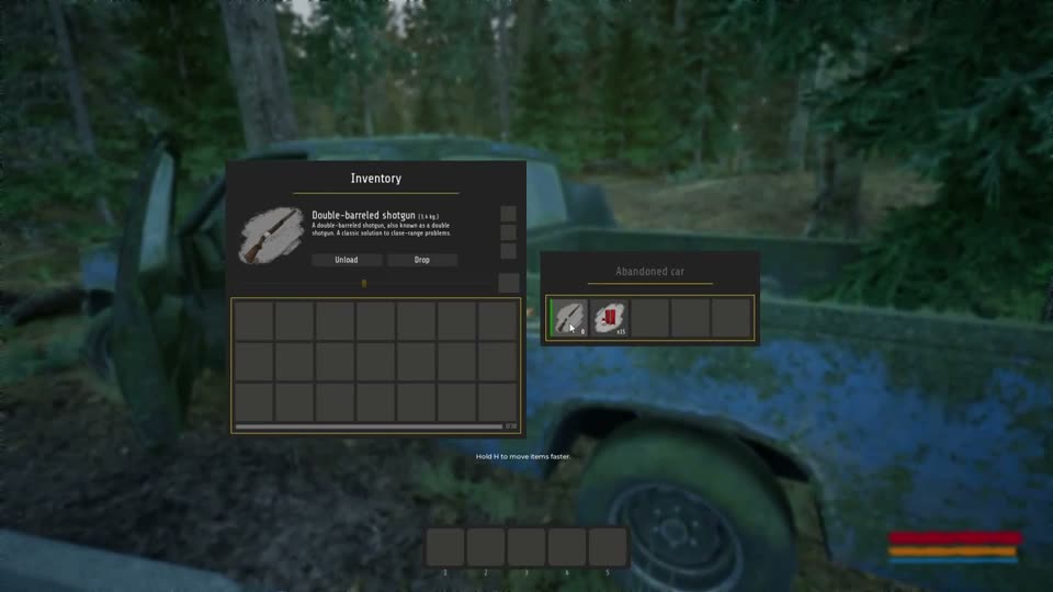 Abandoned car container next to the starting tent holding a double-barreled shotgun and shells