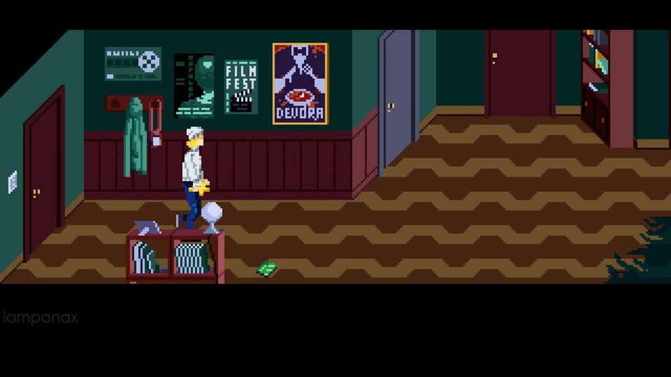 Julia walking through a green-walled 2nd-floor room with a coat rack, film posters and a DEVORA poster on the wall