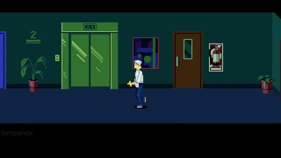 Julia in the 2nd-floor hallway next to the green elevator, with the edge of the blue door visible on the far left