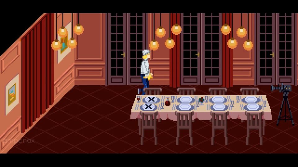 Dining room with hanging lamps; at the left end of the long table both facing plates are marked with an X