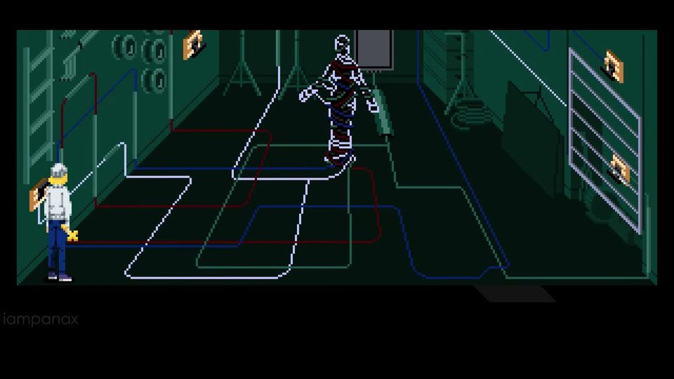 Dark green room with red, blue and white glowing cables on the floor; Julia stands by a switch on the left and a cable-wrapped statue stands in the middle