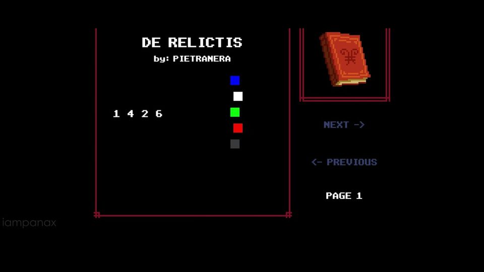 Old Book page titled De Relictis showing a column of colored squares: blue, white, green, red, then a dark grey one