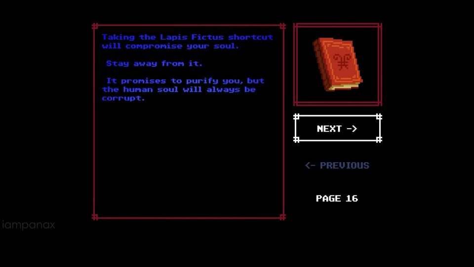 Old Book page 16 in blue text warning that the Lapis Fictus shortcut will compromise your soul