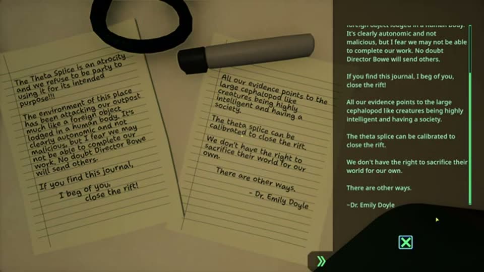 Dr. Emily Doyle's handwritten journal asking whoever finds it to close the rift