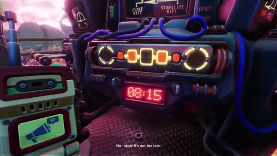 Final console with a CLOSE RIFT / STABILIZE RIFT selector above a row of lit buttons and a red countdown reading 08:15