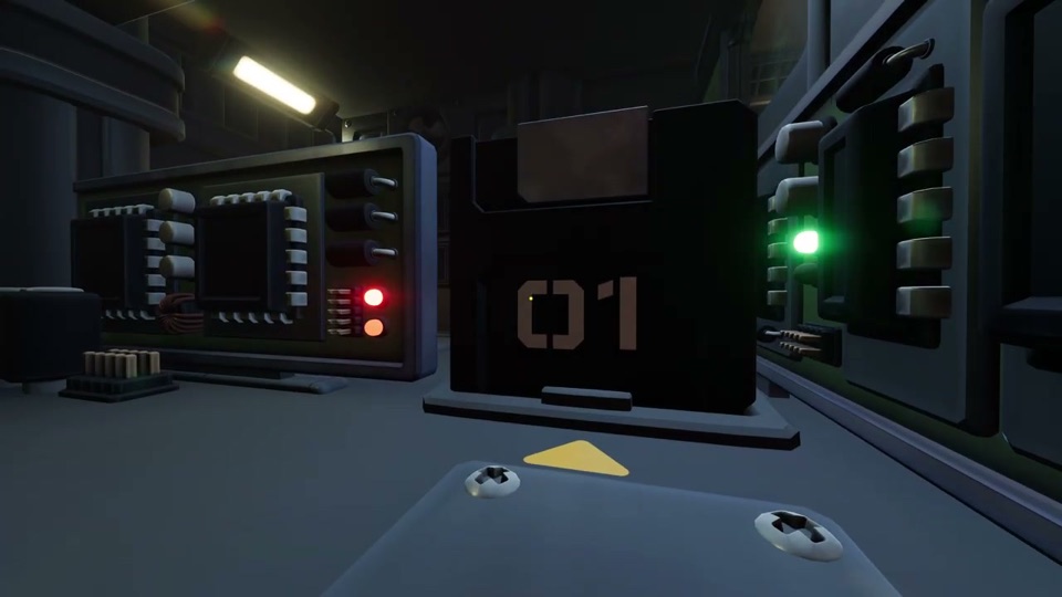 Inside the circuit machine, a giant black floppy disc labelled 01 stands between chip-shaped walls, with a red and an orange light beside it and a yellow arrow on the floor