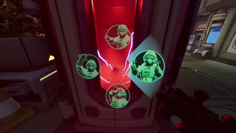 The red-lit shrink tube with a tiny figure inside, seen through the emote wheel with four gestures: point, wave, thumbs up and scratch head