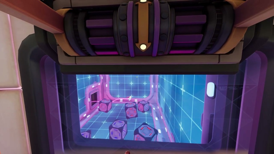 The same anti-gravity room seen through the window after gravity flips, now with a blue grid floor and the cubes in new places
