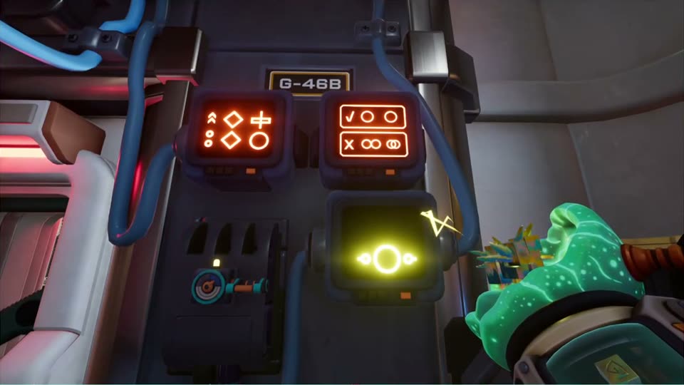 G-46B panel: an orange screen with the symbol parts in two rows, an orange rule screen with a tick and a cross, a yellow screen with a circle between two small circles, and a dial below