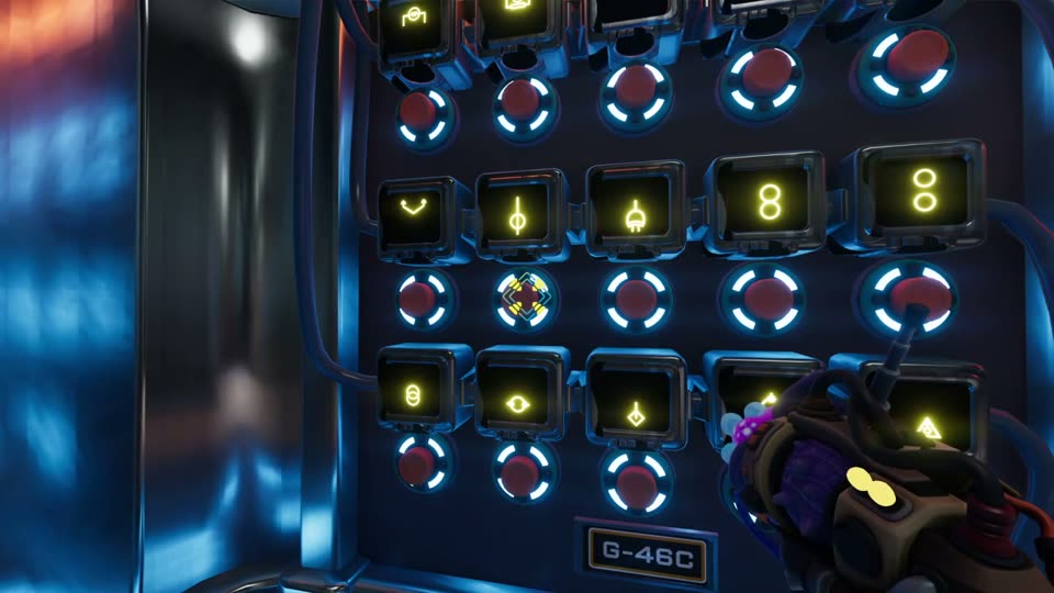 G-46C panel: rows of yellow symbol screens with red buttons underneath, labelled G-46C at the bottom