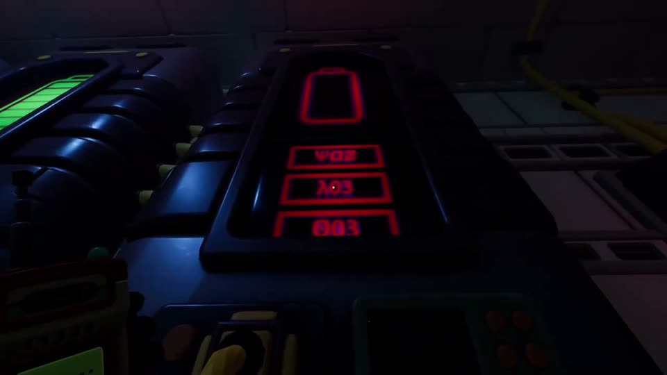 The battery wall: one battery lit green, the next one red with its required module labels Ψ02, λ03 and Θ03