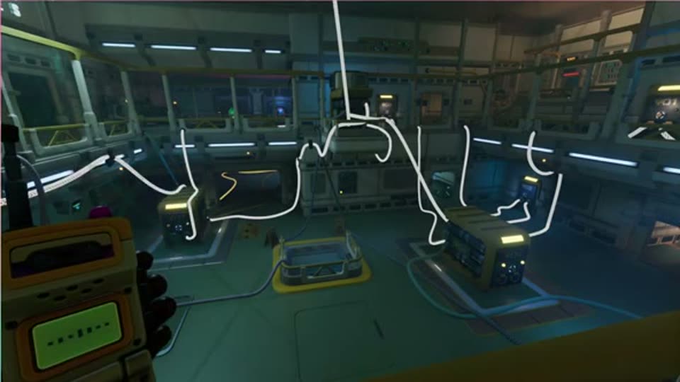 View from the upper walkway over the machine hall floor, with the cables between the modules highlighted in white