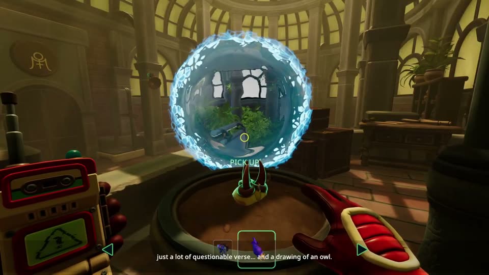 Old greenhouse: a glowing time bubble hovering over a large plant pot with a small sprout, with a PICK UP prompt