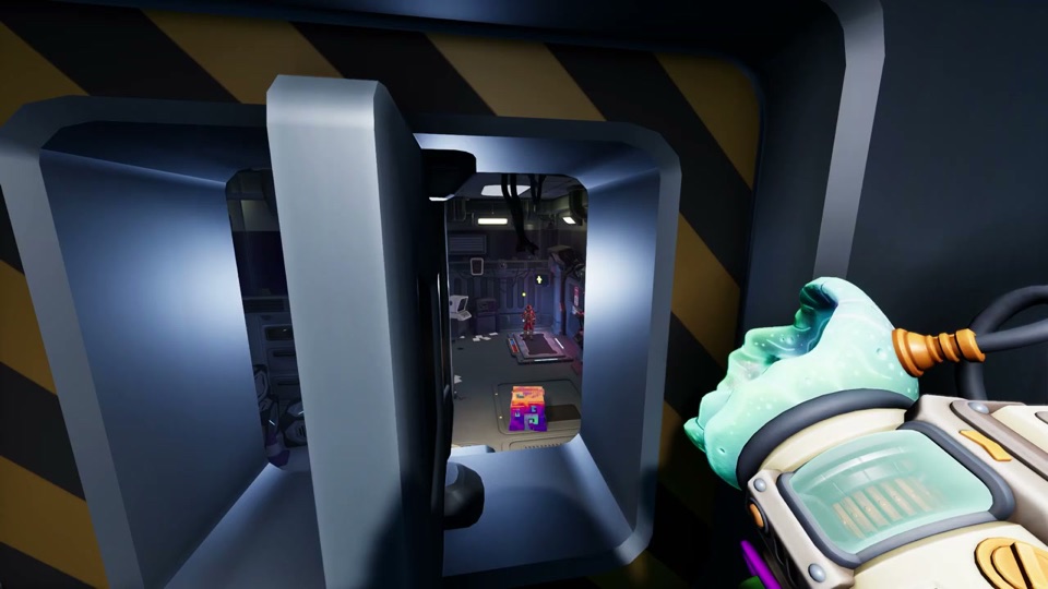 Looking through a small hatch into the next room: the red explorer stands on a floor plate with a goo cube in front