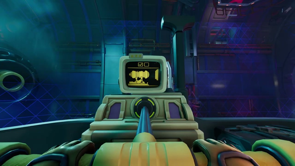 Terminal screen with a yellow drone icon and two checkboxes, the left one ticked, above a yellow-grip lever