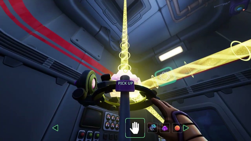 First-person view at a holder ring in the warm-up room: a yellow beam passes through, a PICK UP prompt sits on the holder, and the hotbar shows the hand plus orbs and crystal pieces