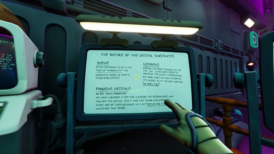 The clue board THE NATURE OF THE CRYSTAL SUBSTRATES with entries for Rupium, Cattonimus and Pingosius Crystalis, next to a NORCEK message terminal