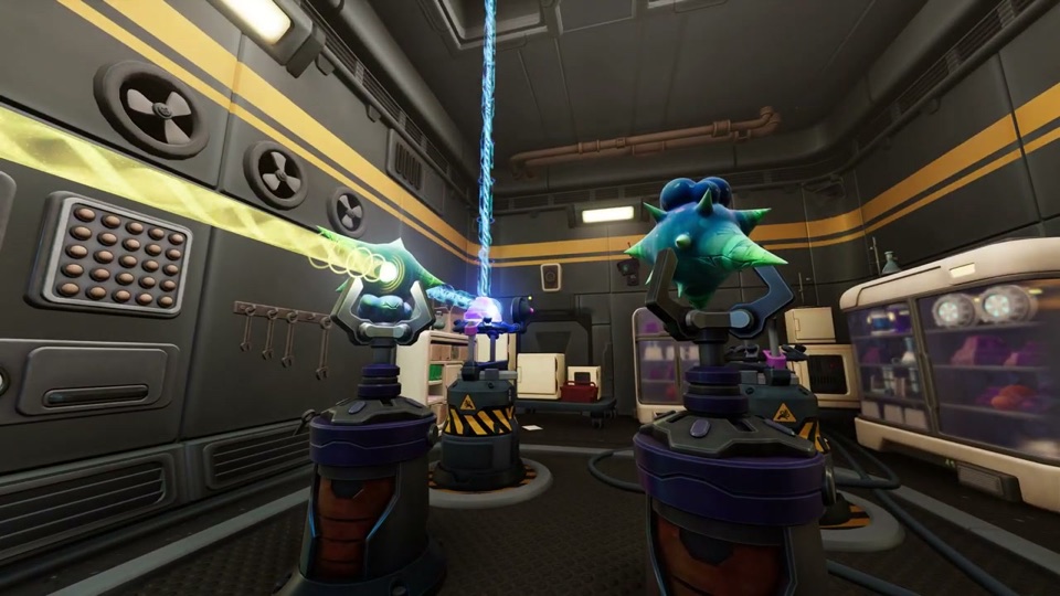 The yellow-striped room with two spiky blue-green crystals on holders; a yellow beam hits the left one and a blue beam rises in the middle