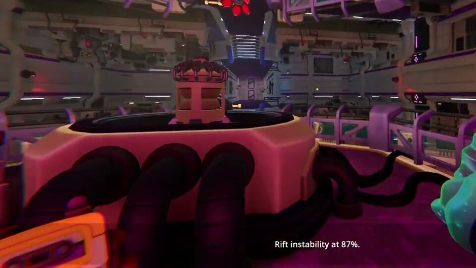 A pink control hall with a round machine core in the middle and the subtitle Rift instability at 87%