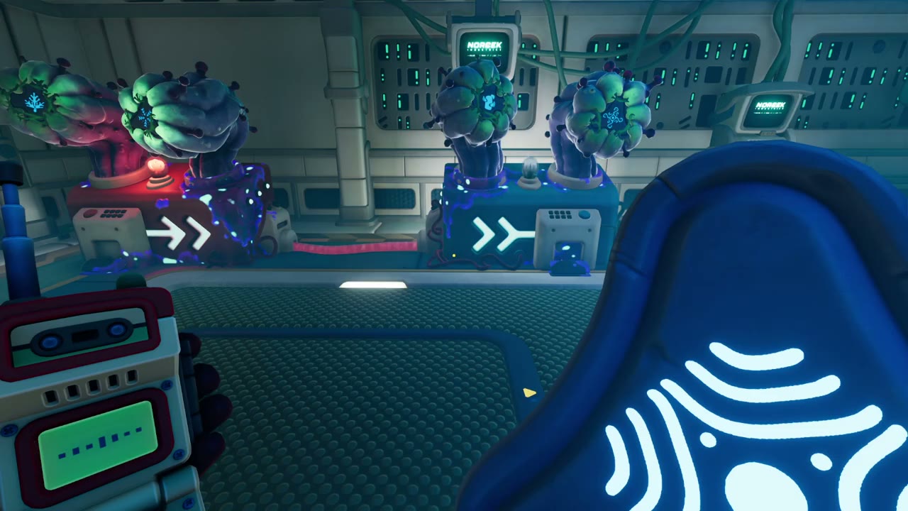 Split room in the Rift Zero lab: a red-lamp WHEN device on the left and a blue THEN device on the right, each with two plant pods holding a rune, joined by a pink cable
