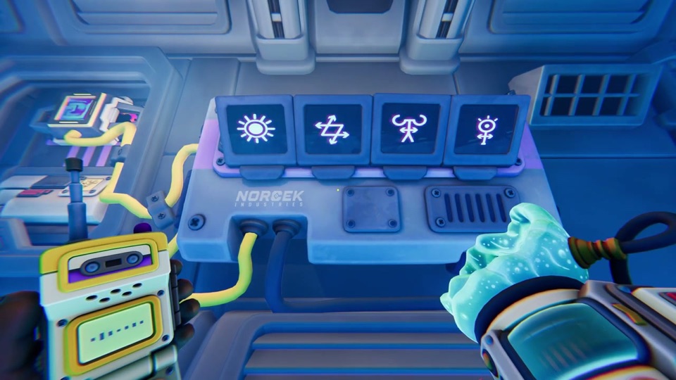 Yellow explorer's NORCEK panel showing four symbols: a sun, a Z with arrows, a horned figure and a circle on top of a cross