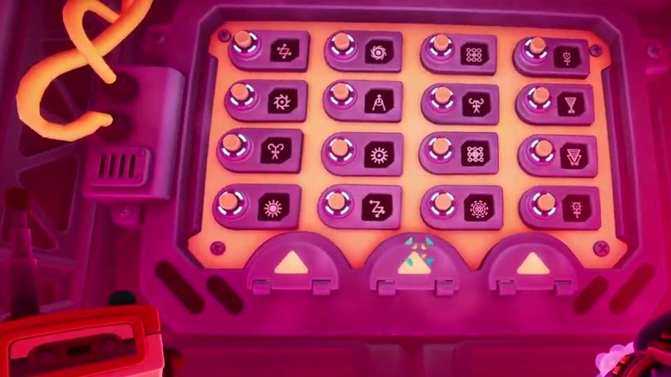 Red explorer's side: a 4x4 grid of 16 symbol buttons with three triangle buttons below it