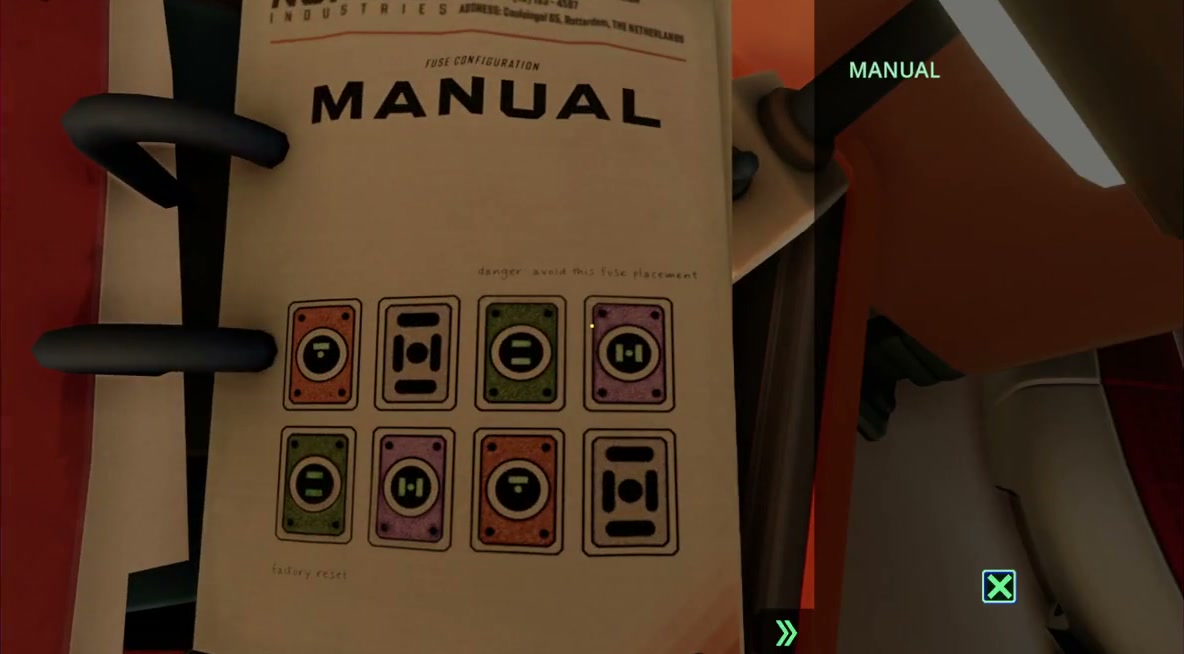The Fuse Configuration Manual page: a top row marked danger (orange, empty, green, purple) and a bottom row marked factory reset (green, purple, orange, empty)