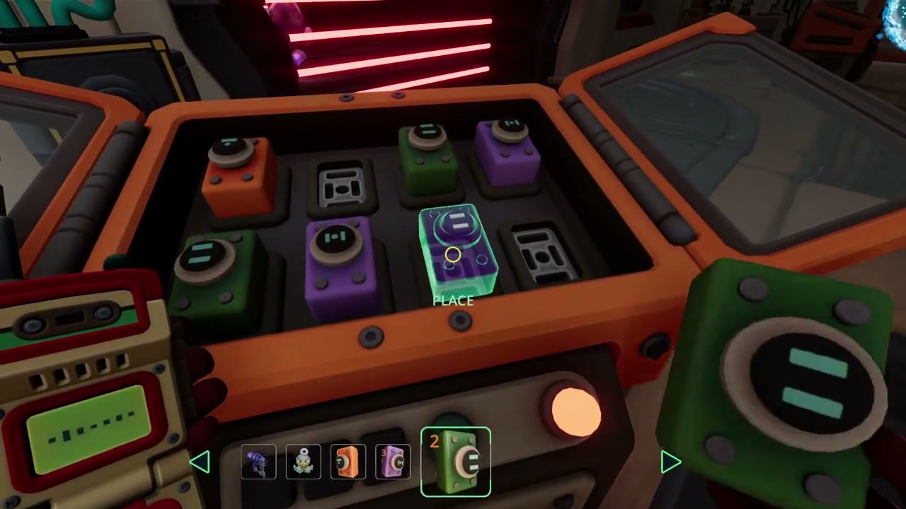 The orange 8-slot fuse console: the top row already set to orange, empty, green, purple, and a green fuse hovering over a bottom-row slot