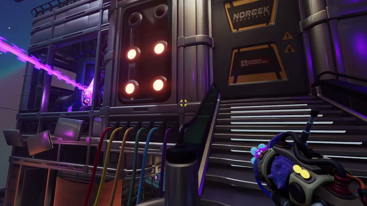 A laser tower in null time: a purple beam into a crystal housing, a wall panel with four orange lights, and coloured cables below