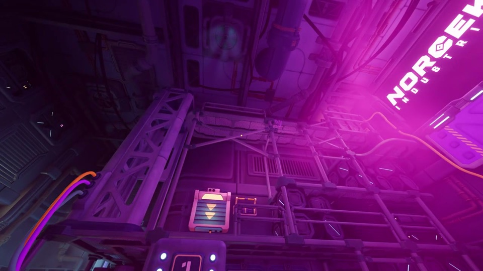 Looking down a tall purple lift shaft with a small platform marked 1 at the bottom